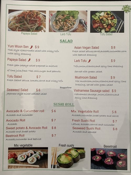 Salad and sushi section of menu  at Asian Vegan Bistro in Bakersfield