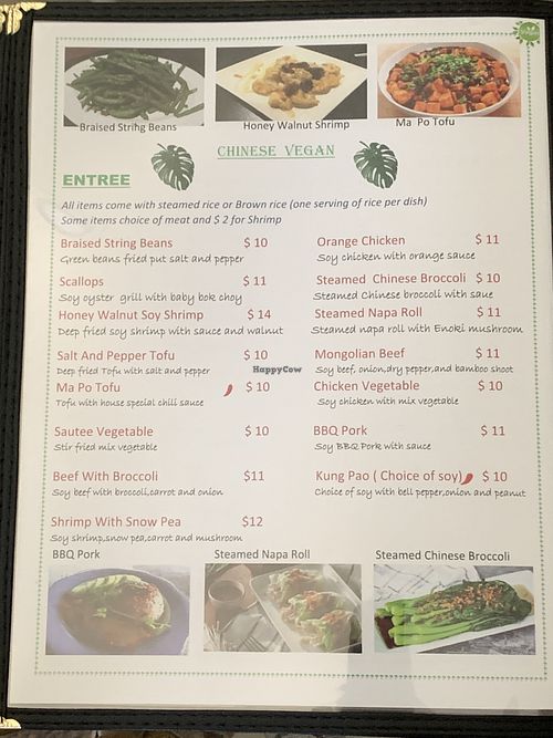 Chinese vegan menu section 1 at Asian Vegan Bistro in Bakersfield