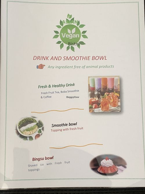 Drink and smoothie bowl section of menu at Asian Vegan Bistro in Bakersfield