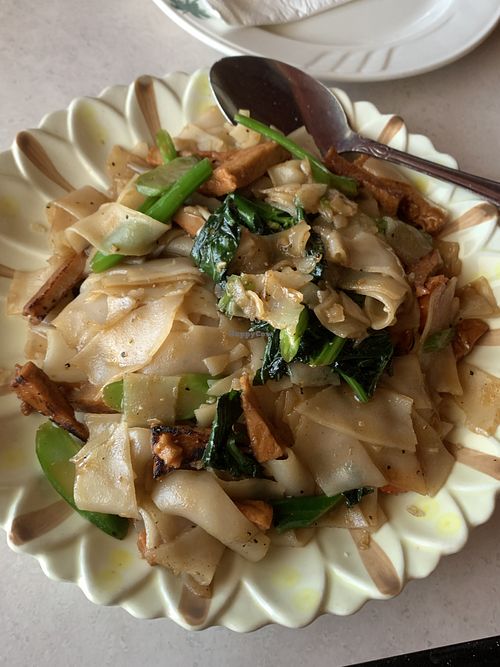 Pad see ew with bbq pork at Asian Vegan Bistro in Bakersfield