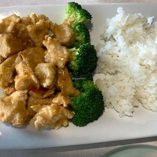 Orange chicken with broccoli and white rice  at Asian Vegan Bistro in Bakersfield