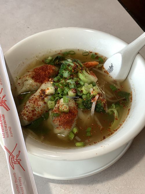 Spicy dumpling noodle soup at Asian Vegan Bistro in Bakersfield