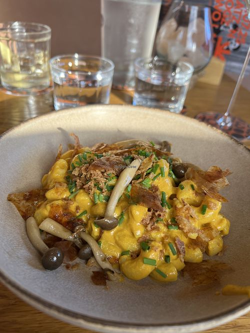 Vegan mac & no cheeze (pumpkin, red miso, & mushrooms)  at Three House Hotel & Gastrobar in Funchal