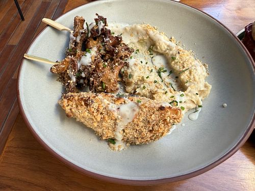 Oyster mushroom skewers with peanut-crusted cauliflower and sweet potato puree at NIYA in Casablanca