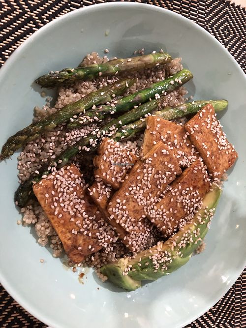 Caramelised tofu with quinoa, avocado and asparagus   at Mr. Vegan in Costa Da Caparica