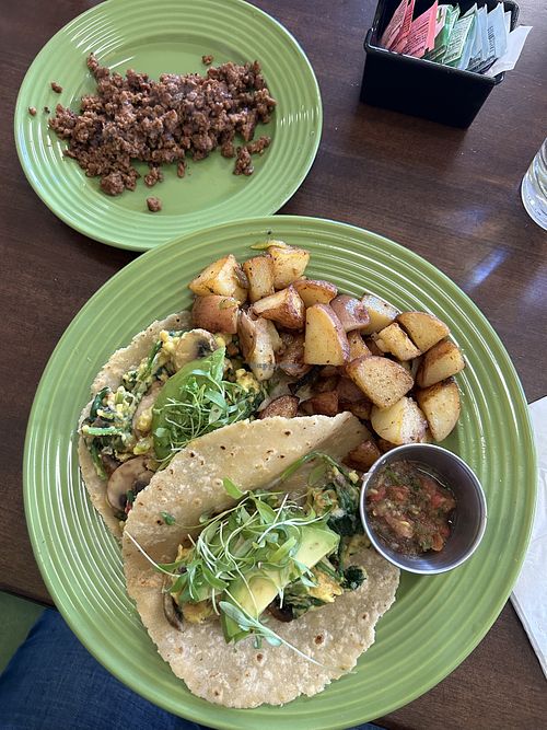 Breakfast tacos with vegan chorizo…so good!   at The Paisley Cafe in Orangevale