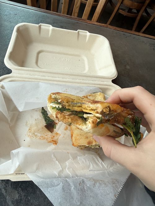 vegan panini!! ( also compostable packaging: awesome!! )   at Liberty Cafe in Renton