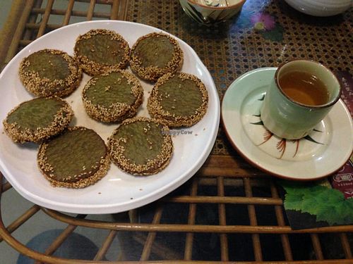 green tea cakes and tea at Vege Zen in Guangzhou