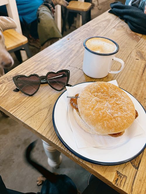Oat latte & vg sausage bap #Veganuary at Saunton Break Cafe in Braunton