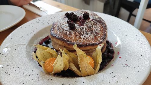 Vegan blackcurrant pancakes at Krempel in Tartu