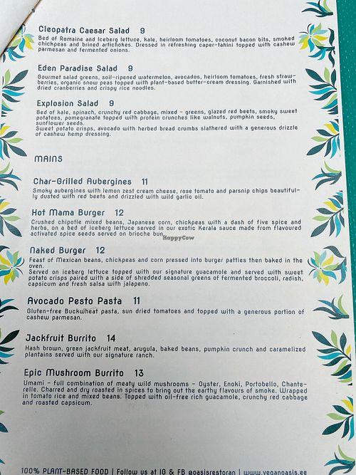 Menu at Vegan Oasis in Tallinn