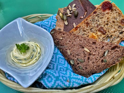 The cute little bread basket that they give with the meal. at Vegan Oasis in Tallinn
