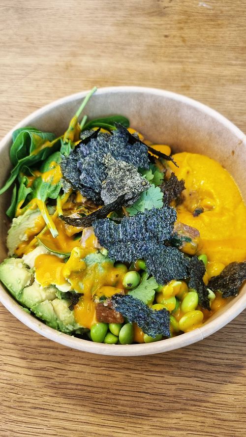 Mix of sweet potato puree, avocado, quinoa, topped with nori seaweed at Fat Monk - Wien Mitte in Vienna