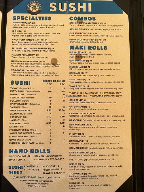 Maki menu & sides  at Mac's Shack in Wellfleet