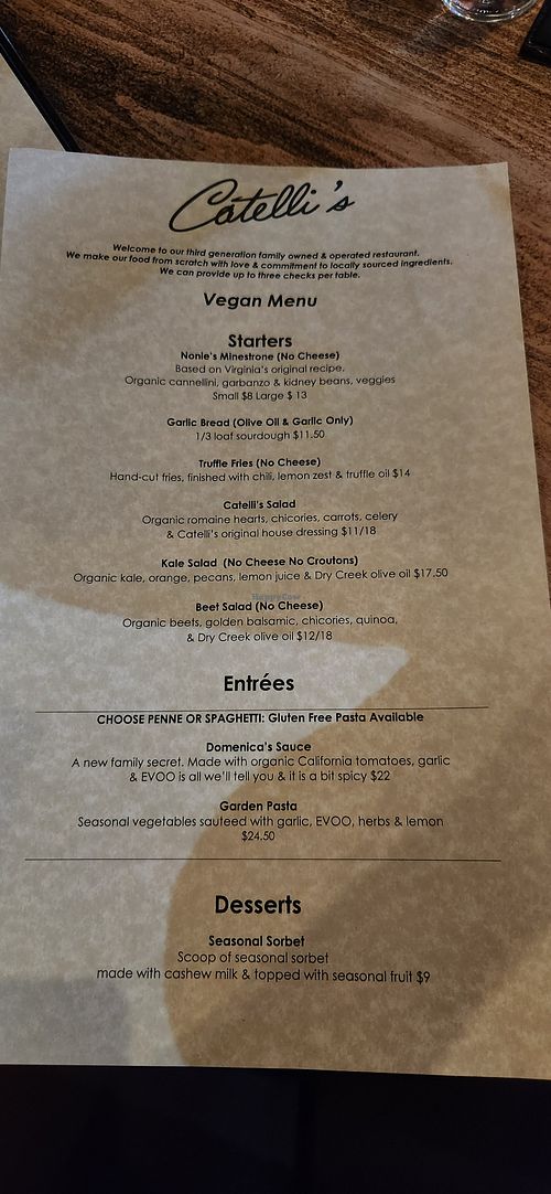 Vegan menu at Catelli's in Geyserville