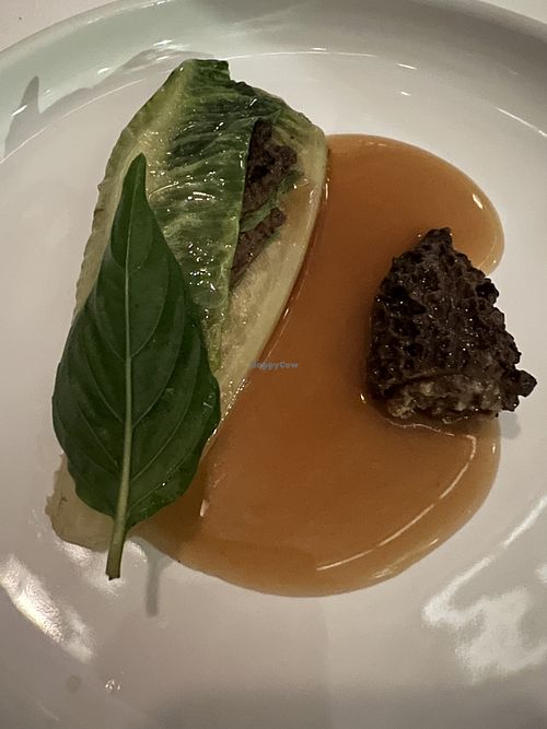 Stuffed mushroom and grilled greens with a seitan-like layer which wasn’t seitan   at Eleven Madison Park in New York City