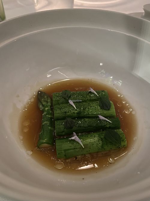 Asparagus in some beautiful broth that again had ingredients that sound invented but taste like heaven  at Eleven Madison Park in New York City