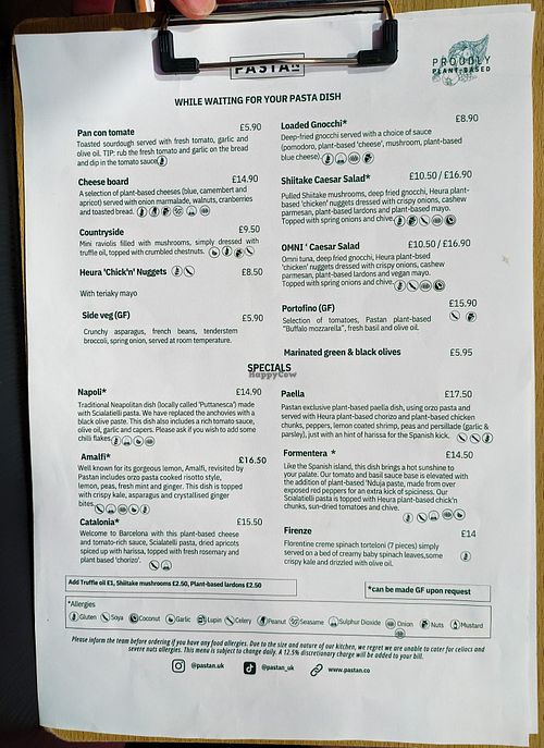Menu page at Pastan Bristol at Pastan Bristol in Bristol