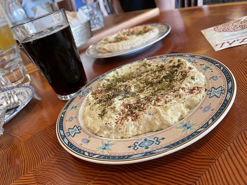 Hummus babaganush non-alcoholic beer  at Mazal in Los Angeles