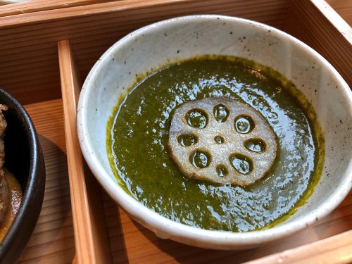 Deep fried lotus root in spinach curry at AIN SOPH.Ginza in Tokyo