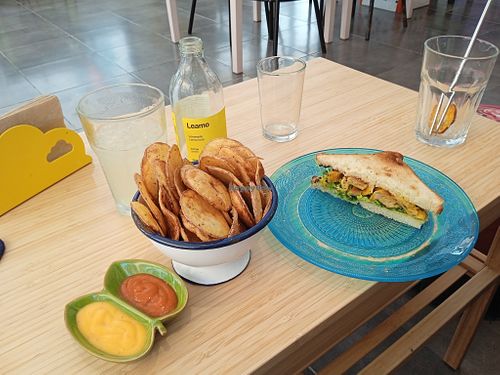 Delicious sauces, really yummy papas and foux chicken avocado sandwich with veganese.... So yum! at Faunalibre in Ibiza