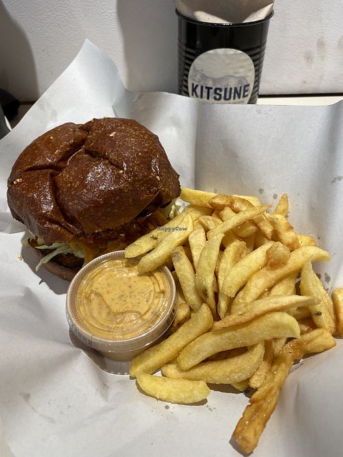 Korean mushroom burger, fries with relish  at Kitsune Burgers in Brussels