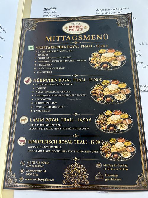 lunch menu  at Royal Bombay Palace in Linz