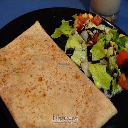 Fritada crÃªpe with salad and apple-pear-banana soymilk smoothie. at A Flama in Zaragoza