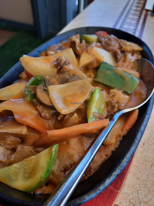 Pato vegetal = mock duck that I chose to have with veggies and curry sauce at Asia House in Gran Canaria