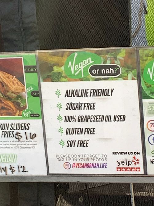Signage promoting Vegan or Nah food benefits at Vegan or Nah in Redlands