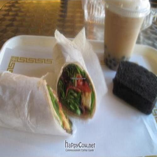 Veggie chicken and bacn wrap. Vegan chocolate cake and bubble tea w/ soy milk at Red Lotus Bakery and Cafe in Little Neck
