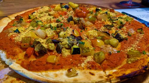 Vegan summer pizza at The Forest Kitchen & Bar  in Kielder