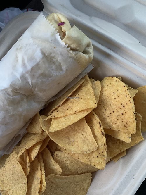Tofu Burrito with Red Cabbage 😋 and chips  at Rogue Tacos in East Stroudsburg