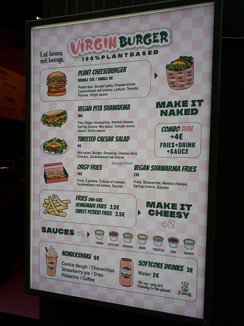 Menu at Virgin Burger in Amsterdam