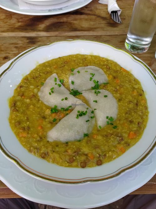 Creamy lentils with herb-stuffed ravioli at Gasthaus Neuhauser in Wartberg An Der Krems