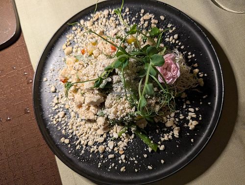 Vegan Snow pea tofu starter at Shambala in Ljubljana