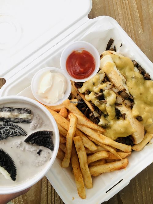 Philly Cheesesteak Sliders with fries and oreo shake  at Philly Vegan in Richmond