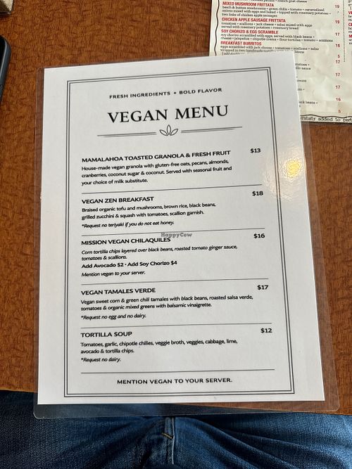 Full vegan menu  at The Mission in San Diego