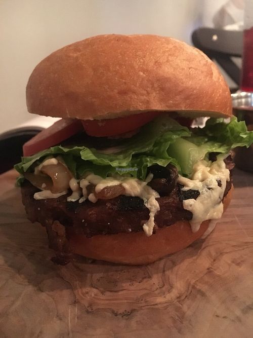 Vegan burger with onions, lettuce, tomatoes and vegan muzzarella..  ñami!  at Blossom Du Jour - Chelsea in New York City