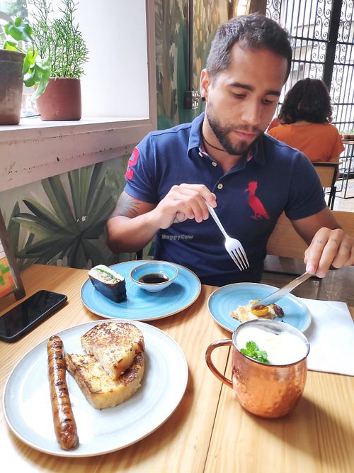 Moscow Mule, kielbasa, cheese toast, egg, and onigirazu (all vegan)  at Green Kitchen in Sao Paulo