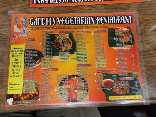 Menu at Gandhi's Vegetarian Restaurant in Kuala Lumpur