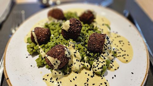 Falafel on green peas with curry sauce at Hotel Pension Tyrol in Telfs