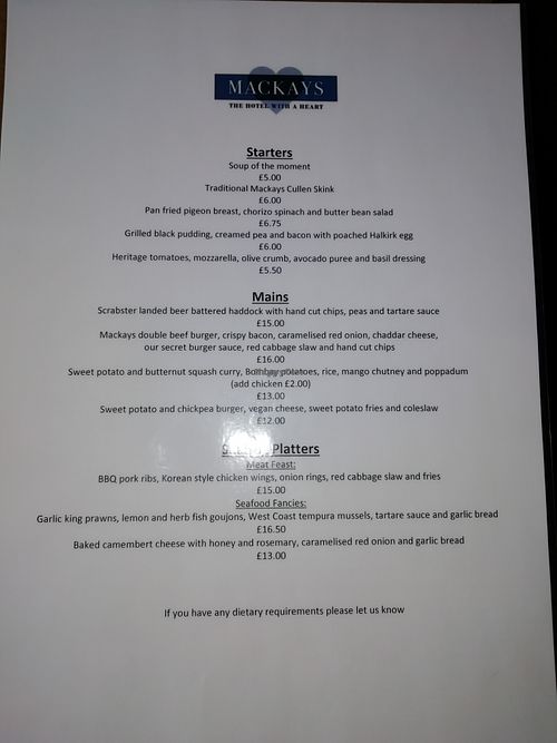 Main menu at No1 Bistro in Wick