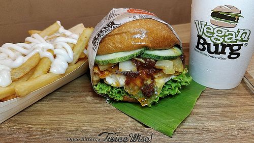 Rasa Sayang Seasonal set meal comprises of Burger, coconut fries and Rose Bandung drink  at VEGANBURG - Eunos Flagship Outlet in East Singapore