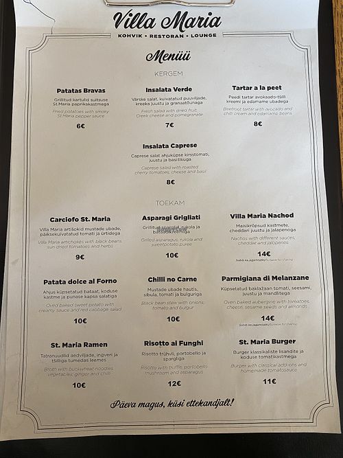 Menu at Villa Maria in Viljandi