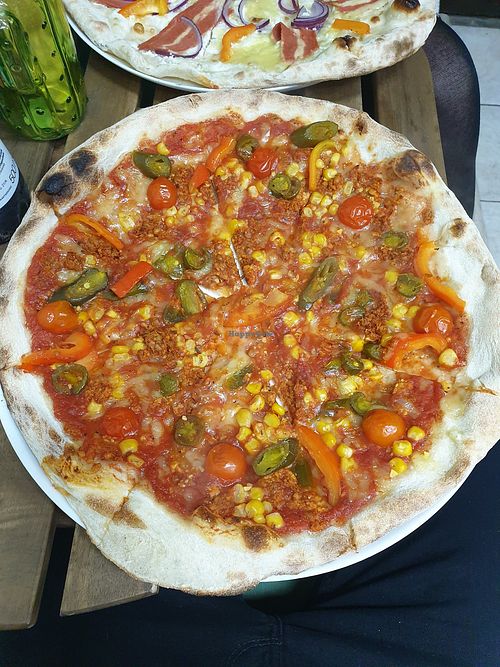 Jalapeno pizza with extra sweetcorn at GreenGorilla in Budapest