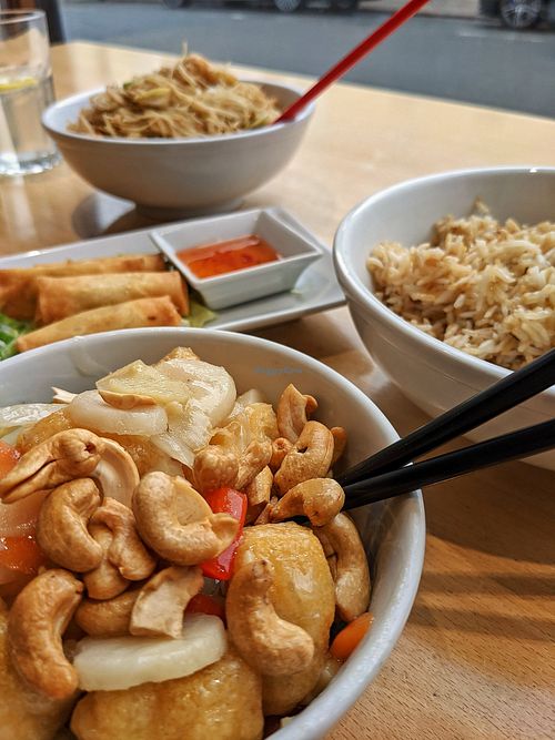 Cashew tofu with fried rice, spring rolls, and noodles. at 288 Bar & Wok in Cheltenham