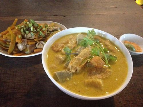 curry noodle soup and pumpkin with mushroom at Saigon Vegan - Vo Van Tan in Ho Chi Minh City