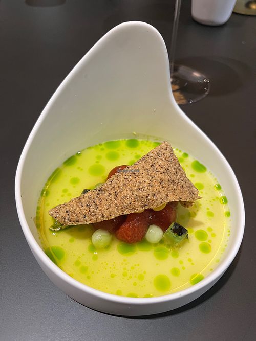 Watermelon, fermented carrots, wild rice, and cilantro.  at MITA in Washington