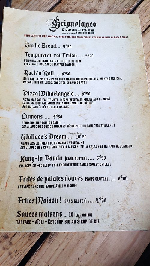Menu Grignolages at Moon and Sons in Caen